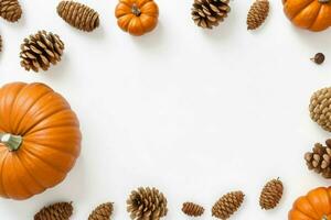 pumpkin, pine cones and dry leaves decoration. paperwhite blank card mockup background. AI Generative Pro Photo