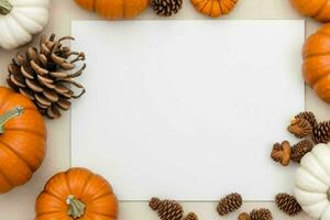 pumpkin, pine cones and dry leaves decoration. paperwhite blank card mockup background. AI Generative Pro Photo