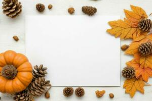 pumpkin, pine cones and dry leaves decoration. paperwhite blank card mockup background. AI Generative Pro Photo