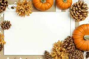 pumpkin, pine cones and dry leaves decoration. paperwhite blank card mockup background. AI Generative Pro Photo