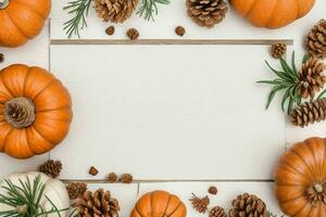 pumpkin, pine cones and dry leaves decoration. paperwhite blank card mockup background. AI Generative Pro Photo