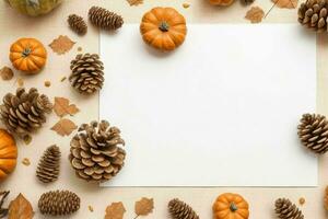 pumpkin, pine cones and dry leaves decoration. paperwhite blank card mockup background. AI Generative Pro Photo