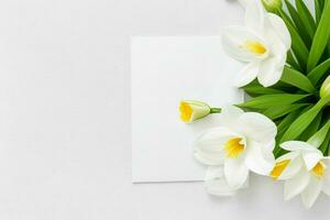flower decoration. paperwhite blank card mockup background. AI Generative Pro Photo