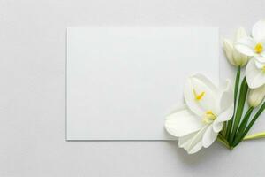 flower decoration. paperwhite blank card mockup background. AI Generative Pro Photo