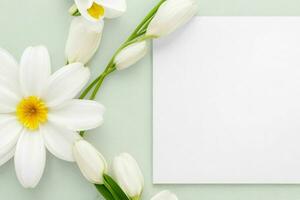 flower decoration. paperwhite blank card mockup background. AI Generative Pro Photo