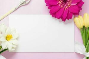 flower decoration. paperwhite blank card mockup background. AI Generative Pro Photo