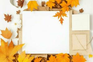 otoño decoración. papel blanco blanco tarjeta Bosquejo antecedentes. ai generativo Pro foto