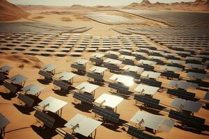 A large park of solar panels on a deserted sandy area. Solar energy concept. Generated by artificial intelligence photo