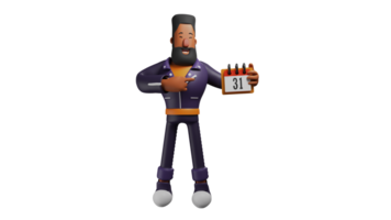 3D illustration. Bearded Man 3D Cartoon Character. The cool man standing pointed at the calendar he was carrying. A sweet man smiling happily welcoming the Christmas celebration. 3D cartoon character png