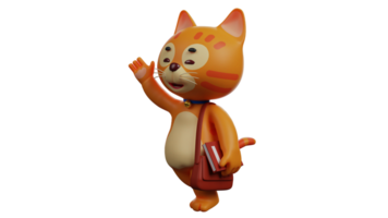 3D illustration. Friendly Cat 3D Cartoon Character. A cute cat who waves his hand to friends he meets on the street. Orange cat carrying a bag and getting ready to go to school. 3D cartoon character png