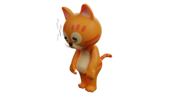 3D illustration. Sad Cat 3D Cartoon Character. The orange cat walks while lowering its face. The orange cat looks tired after playing all day. 3D cartoon character png