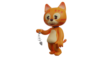 3d illustration. triste Orange chat 3d dessin animé personnage. Orange chat des promenades tandis que en portant une poisson os. Orange chat regards triste et fatigué. marrant chat. 3d dessin animé personnage png