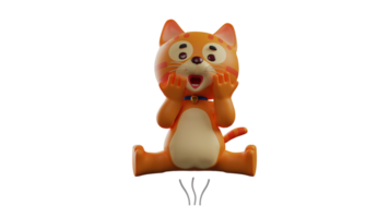 3D illustration. Cute Orange Cat 3D Cartoon Character. Adorable cat in jumping pose. Cat person holding both his cheeks and showing his surprised expression. 3D cartoon character png