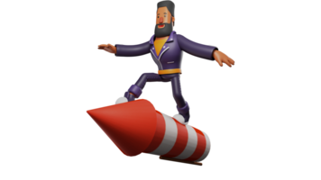 3D illustration. Brave Man 3D Cartoon Character. The bearded man stands on the rocket with his arms outstretched to maintain balance. Bearded men look amazing. 3D cartoon character png