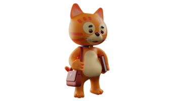 3d Illustration. süß Katze 3d Karikatur Charakter. Orange Katze Tragen Tasche und Bücher. das Katze ist gehen zu Schule. Karikatur Katze zeigen seine verwirrt Ausdruck. 3d Karikatur Charakter png