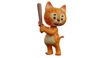 3D illustration. Orange Cat 3D Cartoon Character. Cat standing while holding a wooden stick. The cat prepares to swing a wooden stick at its enemy. 3D cartoon character png