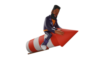 3D illustration. Adorable Male 3D Cartoon Character. Bearded man riding a rocket. A man who likes to spend his time trying new things. Bearded tourist looking happy. 3D cartoon character png