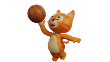 3D illustration. Talented Cat 3D Cartoon Character. Cat in a pose lifting a basketball and about to put it into the ring. Lively cat loves to play basketball. 3D cartoon character png