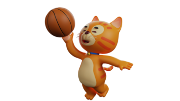 3D illustration. Talented Cat 3D Cartoon Character. Cat in a pose lifting a basketball and about to put it into the ring. Lively cat loves to play basketball. 3D cartoon character png