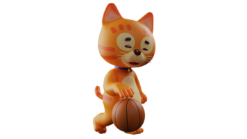 3D illustration. Tired Cat 3D Cartoon Character. The cat is walking and will return to its home. A tired cat is dribbling a basketball and is about to take it home. 3D cartoon character png