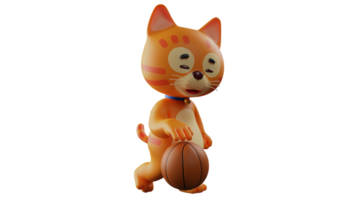 3D illustration. Tired Cat 3D Cartoon Character. The cat is walking and will return to its home. A tired cat is dribbling a basketball and is about to take it home. 3D cartoon character png