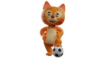 3d Illustration. cool Katze 3d Karikatur Charakter. Katze stand auf oben mit ihr Hände auf ihr Hüften. Orange Katze angehoben einer Fuß über das Ball. Orange Katze sieht aus beim seine charmant lächeln. 3d Karikatur Charakter png