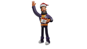 3D illustration. Dashing Male 3D Cartoon Character. The man waves his hand while smiling sweetly. Bearded man standing holding calendar. Happy man wearing Christmas hat. 3D cartoon character png