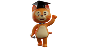 3d ilustração. graduação gato 3d desenho animado personagem. graduação laranja gato boneca. a laranja gato desgasta uma Preto graduação boné. gato carregando uma lista do papel. 3d desenho animado personagem png