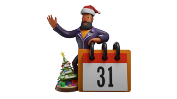 3d ilustración. contento hombre 3d dibujos animados personaje. contento barbado hombre es celebrando Navidad y nuevo año. barbado hombre sentado siguiente a un calendario y un miniatura Navidad árbol. 3d dibujos animados personaje png