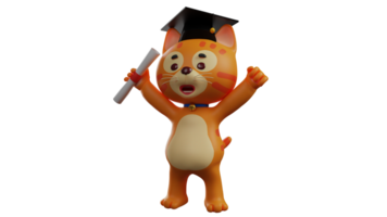 3d ilustración. contento gato 3d dibujos animados personaje. el naranja gato tiene graduado. adorable gato vistiendo graduación gorra. gato persona elevado ambos manos mientras que lleva un rodar de papel. 3d dibujos animados personaje png