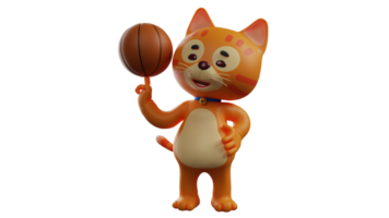 3d ilustração. gato 3d desenho animado personagem. gato é basquetebol atleta. laranja gato é jogando basquetebol com 1 dedo. uma ótimo gato mostra dele habilidades. 3d desenho animado personagem png