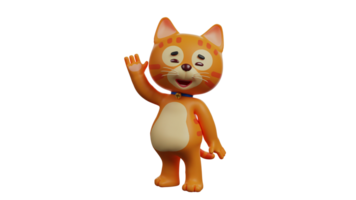 3D illustration. Orange Cat 3D Cartoon Character. A friendly orange cat is waving his hand at his friend. Cute cat has chubby and adorable body. 3D cartoon character png