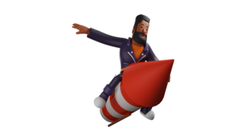 3d illustration. homme d'affaire 3d dessin animé personnage. riches homme d'affaire qui est essai une fusée. barbu homme qui dépense le sien temps essai le sien fait maison fusée. 3d dessin animé personnage png