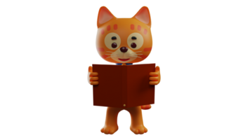 3d ilustración. mascota gato 3d dibujos animados personaje. gato es leyendo un libro. el naranja gato presentado un grave expresión. un frio gato y apreciado por muchos gente. 3d dibujos animados personaje png