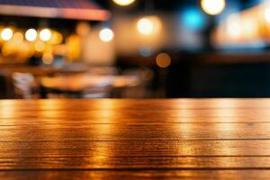 wooden table in front of a blurred background of restaurant lights. AI Generative Pro Photo