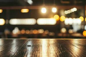 wooden table in front of a blurred background of restaurant lights. AI Generative Pro Photo