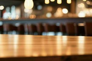 wooden table in front of a blurred background of restaurant lights. AI Generative Pro Photo