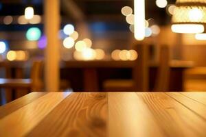 wooden table in front of a blurred background of restaurant lights. AI Generative Pro Photo