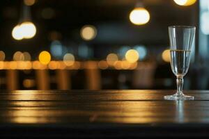 wooden table in front of a blurred background of restaurant lights. AI Generative Pro Photo