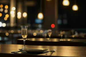 wooden table in front of a blurred background of restaurant lights. AI Generative Pro Photo