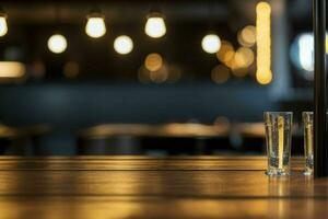 wooden table in front of a blurred background of restaurant lights. AI Generative Pro Photo