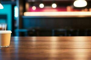 wooden table in front of a blurred background of restaurant lights. AI Generative Pro Photo