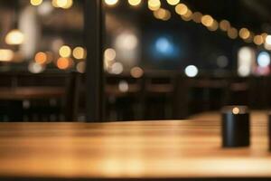 de madera mesa en frente de un borroso antecedentes de restaurante luces. ai generativo Pro foto