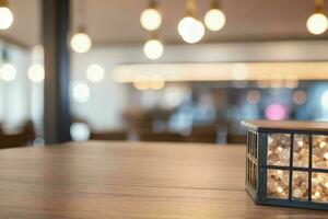 wooden table in front of a blurred background of restaurant lights. AI Generative Pro Photo