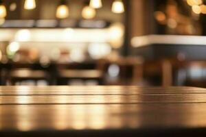 wooden table in front of a blurred background of restaurant lights. AI Generative Pro Photo