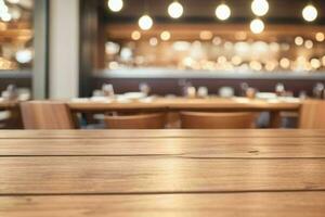 wooden table in front of a blurred background of restaurant lights. AI Generative Pro Photo