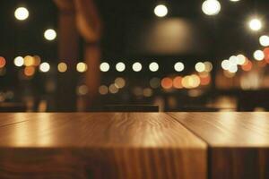 wooden table in front of a blurred background of restaurant lights. AI Generative Pro Photo