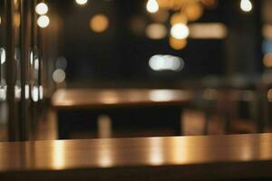 wooden table in front of a blurred background of restaurant lights. AI Generative Pro Photo