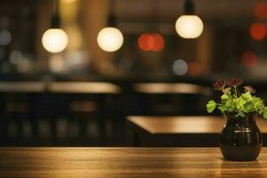 wooden table in front of a blurred background of restaurant lights. AI Generative Pro Photo