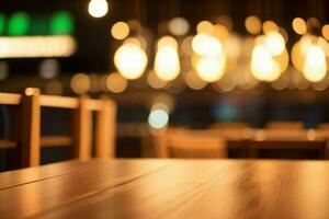 wooden table in front of a blurred background of restaurant lights. AI Generative Pro Photo